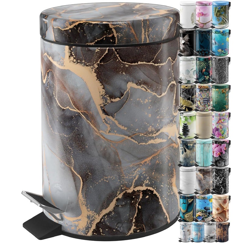 Sanilo Small Bathroom Trash Can with Lid [1.3 Gallon], Lidded Tiny Trashcan for Garbage, Mini Metal Bin with Soft Closing Mechanism, Bath Room Accessoire Wastebin with Inner Bucket (Marble Abstract) - Image 1